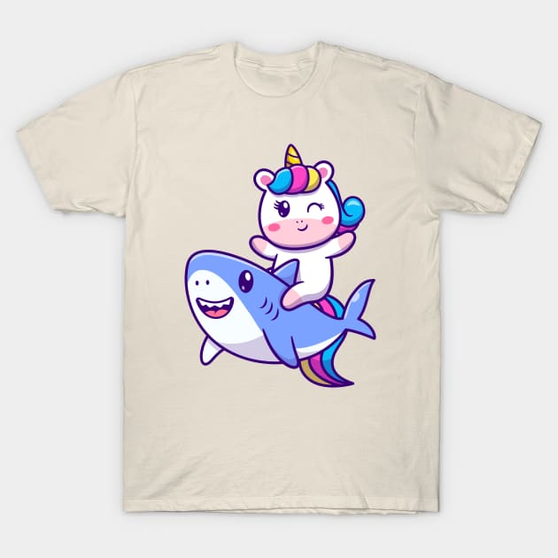 Cute Unicorn Riding Shark Cartoon T-Shirt by Catalyst Labs